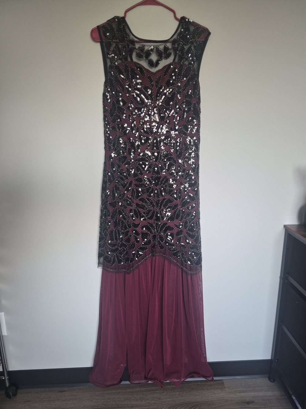 Beaded Mesh Overlay Evening Gown - Maroon